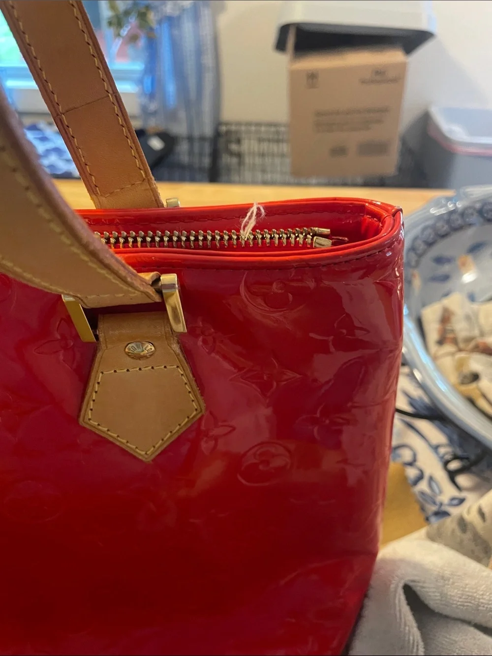 Louis Vuitton Red Vernis Patent Tote with Tan Vachetta Handles - Picture 10 of 15